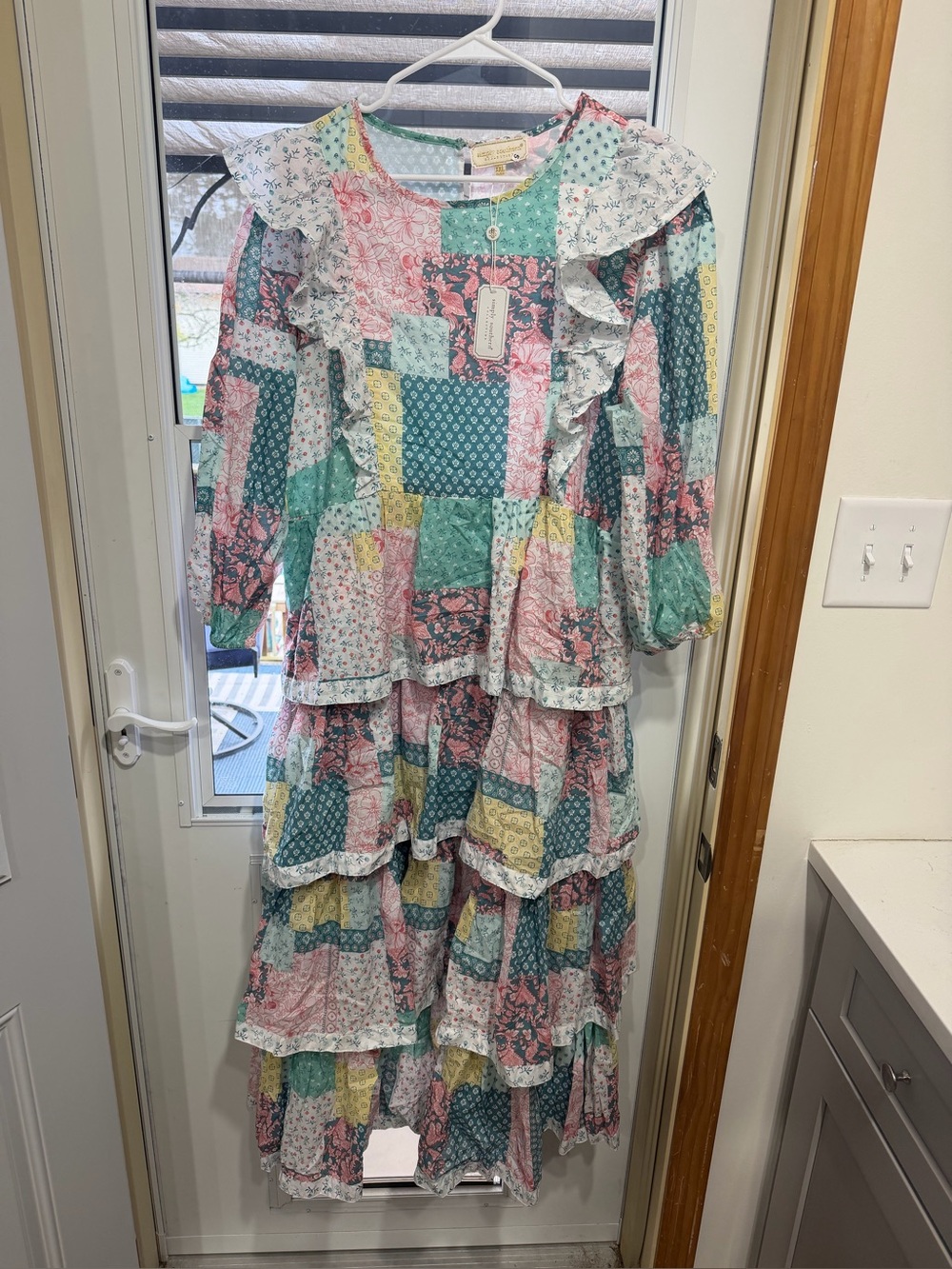 Simply Southern Patchwork Ruffle Tiered Dress in Mint Pink Yellow